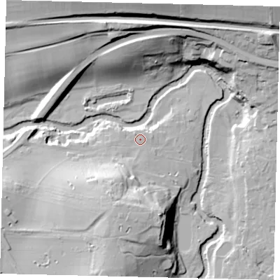 Shaded relief map of the ground around RH41NY, computed from Environment Agency LiDAR. The ground here sits at about 46 m above sea level and falls 36 m across the surrounding 800 m. Surface water reaching this point runs off ground lying to the south-south-west, 17.9 m higher.