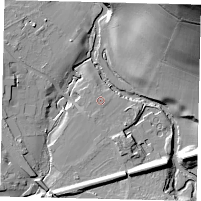 Shaded relief map of the ground around RH41PH, computed from Environment Agency LiDAR. The ground here sits at about 44 m above sea level and falls 90 m across the surrounding 800 m. Surface water reaching this point runs off ground lying to the south-west, 1.7 m higher.