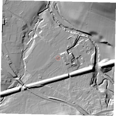 Shaded relief map of the ground around RH41PL, computed from Environment Agency LiDAR. The ground here sits at about 46 m above sea level and falls 48 m across the surrounding 800 m. Surface water reaching this point runs off ground lying to the south-south-west, 8.1 m higher.
