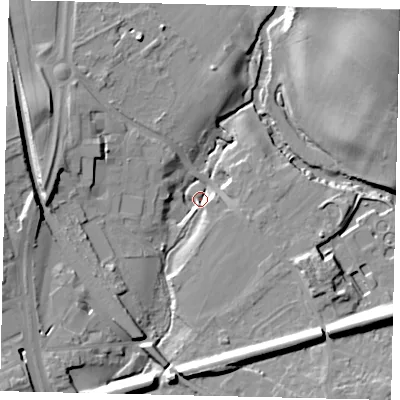 Shaded relief map of the ground around RH41PQ, computed from Environment Agency LiDAR. The ground here sits at about 40 m above sea level and falls 61 m across the surrounding 800 m. Surface water reaching this point runs off ground lying to the south, 14.9 m higher.