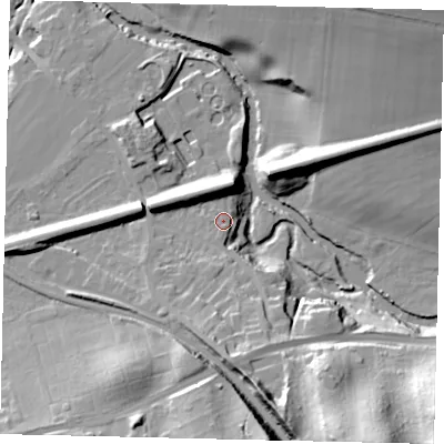 Shaded relief map of the ground around RH41PR, computed from Environment Agency LiDAR. The ground here sits at about 46 m above sea level and falls 40 m across the surrounding 800 m. Surface water reaching this point runs off ground lying to the south-south-west, 6.1 m higher.