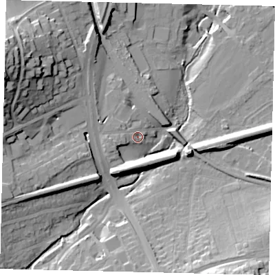 Shaded relief map of the ground around RH41TD, computed from Environment Agency LiDAR. The ground here sits at about 47 m above sea level and falls 35 m across the surrounding 800 m. Surface water reaching this point runs off ground lying to the west-south-west, 3.9 m higher.