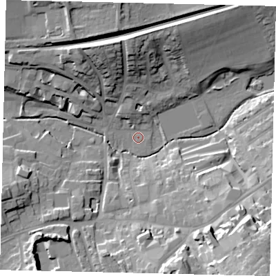 Shaded relief map of the ground around RH41UA, computed from Environment Agency LiDAR. The ground here sits at about 51 m above sea level and falls 33 m across the surrounding 800 m. Surface water reaching this point runs off ground lying to the south-east, 31.1 m higher.