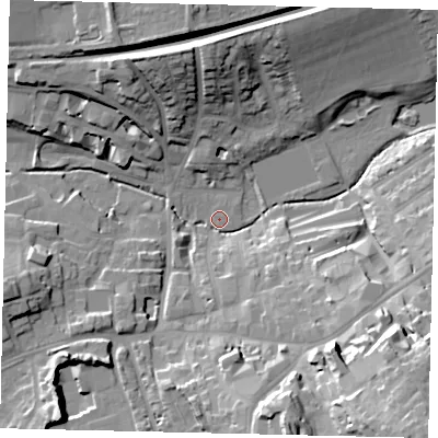 Shaded relief map of the ground around RH41UB, computed from Environment Agency LiDAR. The ground here sits at about 51 m above sea level and falls 34 m across the surrounding 800 m. Surface water reaching this point runs off ground lying to the south-south-east, 9.1 m higher.