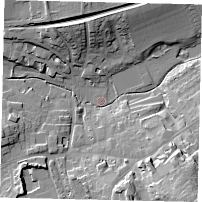 Shaded relief map of the ground around RH41UE, computed from Environment Agency LiDAR. The ground here sits at about 51 m above sea level and falls 34 m across the surrounding 800 m. Surface water reaching this point runs off ground lying to the south-east, 14.4 m higher.