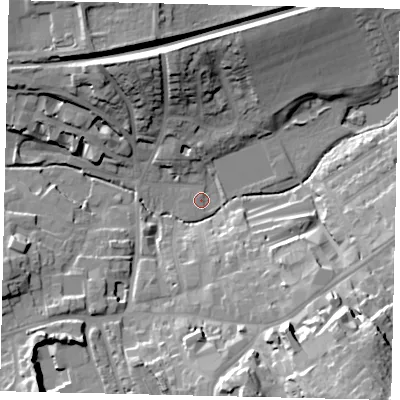 Shaded relief map of the ground around RH41UG, computed from Environment Agency LiDAR. The ground here sits at about 50 m above sea level and falls 34 m across the surrounding 800 m. Surface water reaching this point runs off ground lying to the south-east, 14.4 m higher.