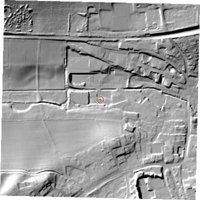 Shaded relief map of the ground around RH41XA, computed from Environment Agency LiDAR. The ground here sits at about 53 m above sea level and falls 34 m across the surrounding 800 m. Surface water reaching this point runs off ground lying to the north-west, 31.5 m higher.