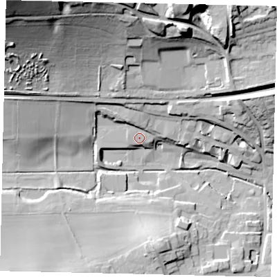 Shaded relief map of the ground around RH41XF, computed from Environment Agency LiDAR. The ground here sits at about 58 m above sea level and falls 60 m across the surrounding 800 m. Surface water reaching this point runs off ground lying to the north, 7.1 m higher.