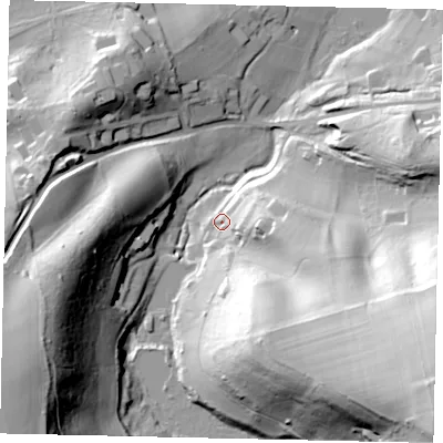 Shaded relief map of the ground around RH43LQ, computed from Environment Agency LiDAR. The ground here sits at about 87 m above sea level and falls 76 m across the surrounding 800 m. Surface water reaching this point runs off ground lying to the east, 16.8 m higher.