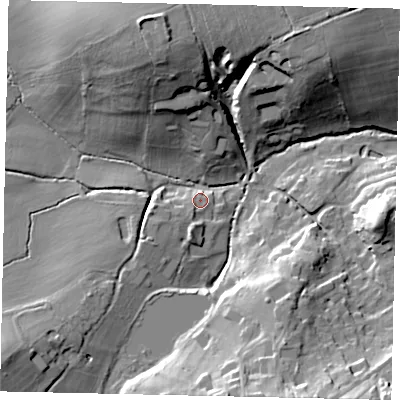 Shaded relief map of the ground around RH43LR, computed from Environment Agency LiDAR. The ground here sits at about 74 m above sea level and falls 28 m across the surrounding 800 m. Surface water reaching this point runs off ground lying to the north-north-west, 25.4 m higher.