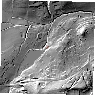 Shaded relief map of the ground around RH43LT, computed from Environment Agency LiDAR. The ground here sits at about 76 m above sea level and falls 43 m across the surrounding 800 m. Surface water reaching this point runs off ground lying to the east-south-east, 12.3 m higher.