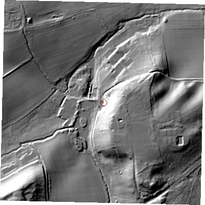 Shaded relief map of the ground around RH43LY, computed from Environment Agency LiDAR. The ground here sits at about 63 m above sea level and falls 31 m across the surrounding 800 m. Surface water reaching this point runs off ground lying to the south-east, 18.6 m higher.