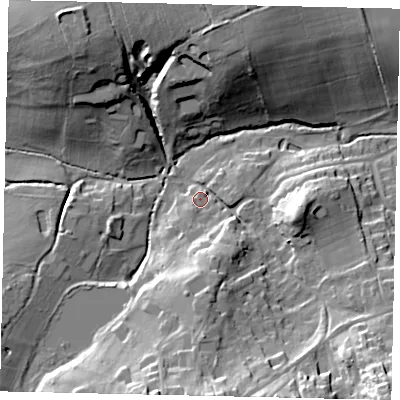 Shaded relief map of the ground around RH43NY, computed from Environment Agency LiDAR. The ground here sits at about 74 m above sea level and falls 34 m across the surrounding 800 m. Surface water reaching this point runs off ground lying to the south-south-east, 11.4 m higher.