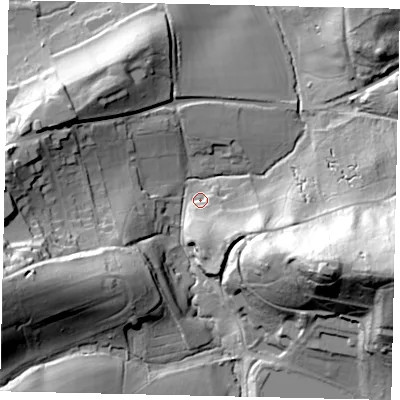 Shaded relief map of the ground around RH43PX, computed from Environment Agency LiDAR. The ground here sits at about 69 m above sea level and falls 52 m across the surrounding 800 m. Surface water reaching this point runs off ground lying to the south-east, 16.5 m higher.