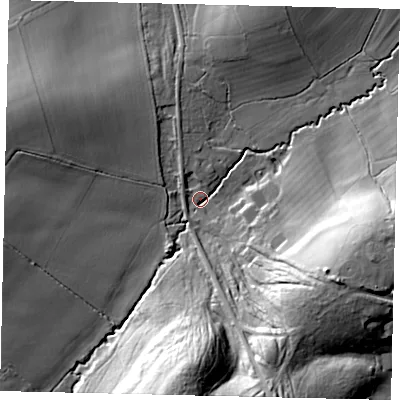 Shaded relief map of the ground around RH54DS, computed from Environment Agency LiDAR. The ground here sits at about 66 m above sea level and falls 35 m across the surrounding 800 m. Surface water reaching this point runs off ground lying to the south, 30.6 m higher.