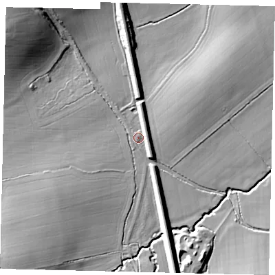 Shaded relief map of the ground around RH54DZ, computed from Environment Agency LiDAR. The ground here sits at about 56 m above sea level and falls 29 m across the surrounding 800 m. Surface water reaching this point runs off ground lying to the north-west, 22.8 m higher.