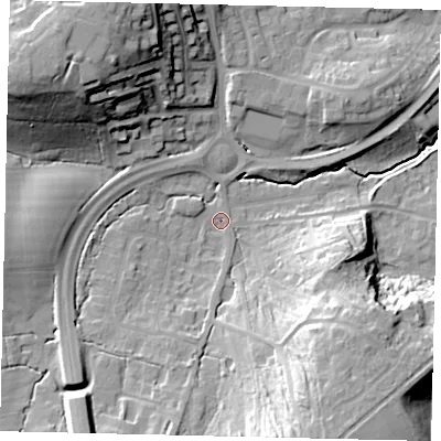 Shaded relief map of the ground around RH54HJ, computed from Environment Agency LiDAR. The ground here sits at about 69 m above sea level and falls 32 m across the surrounding 800 m. Surface water reaching this point runs off ground lying to the south-south-west, 11.7 m higher.