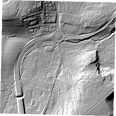 Shaded relief map of the ground around RH54HL, computed from Environment Agency LiDAR. The ground here sits at about 69 m above sea level and falls 32 m across the surrounding 800 m. Surface water reaching this point runs off ground lying to the south, 3.8 m higher.