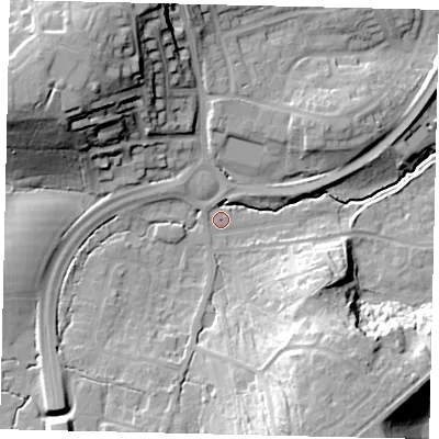 Shaded relief map of the ground around RH54HN, computed from Environment Agency LiDAR. The ground here sits at about 69 m above sea level and falls 32 m across the surrounding 800 m. Surface water reaching this point runs off ground lying to the west-north-west, 29.0 m higher.