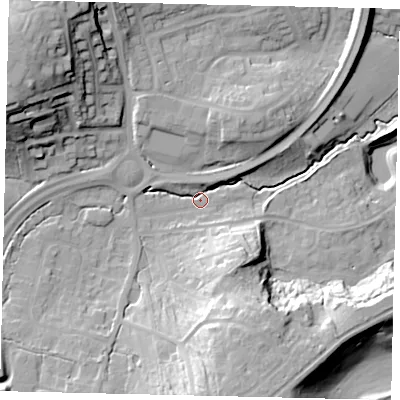 Shaded relief map of the ground around RH54HW, computed from Environment Agency LiDAR. The ground here sits at about 68 m above sea level and falls 34 m across the surrounding 800 m. Surface water reaching this point runs off ground lying to the north-west, 27.9 m higher.