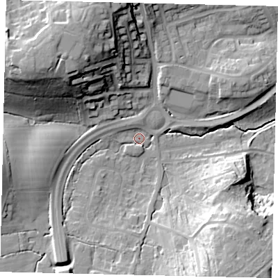 Shaded relief map of the ground around RH54HY, computed from Environment Agency LiDAR. The ground here sits at about 69 m above sea level and falls 31 m across the surrounding 800 m. Surface water reaching this point runs off ground lying to the south-south-west, 10.2 m higher.