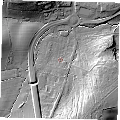 Shaded relief map of the ground around RH54JL, computed from Environment Agency LiDAR. The ground here sits at about 72 m above sea level and falls 34 m across the surrounding 800 m. Surface water reaching this point runs off ground lying to the south, 4.9 m higher.