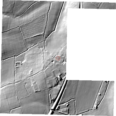 Shaded relief map of the ground around RH54NY, computed from Environment Agency LiDAR. The ground here sits at about 74 m above sea level and falls 17 m across the surrounding 800 m. Surface water reaching this point runs off ground lying to the south-west, 5.7 m higher.