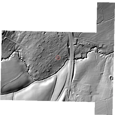 Shaded relief map of the ground around RH54RN, computed from Environment Agency LiDAR. The ground here sits at about 88 m above sea level and falls 23 m across the surrounding 800 m. Surface water reaching this point runs off ground lying to the north-west, 8.1 m higher.