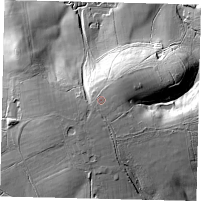 Shaded relief map of the ground around RH54RW, computed from Environment Agency LiDAR. The ground here sits at about 97 m above sea level and falls 31 m across the surrounding 800 m. Surface water reaching this point runs off ground lying to the south-south-west, 0.9 m higher.