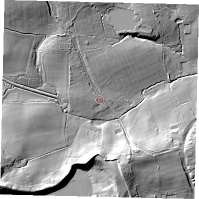 Shaded relief map of the ground around RH55AF, computed from Environment Agency LiDAR. The ground here sits at about 78 m above sea level and falls 21 m across the surrounding 800 m. Surface water reaching this point runs off ground lying to the north-north-west, 12.5 m higher.
