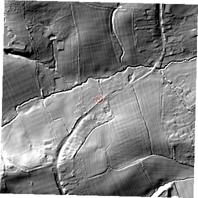 Shaded relief map of the ground around RH55AJ, computed from Environment Agency LiDAR. The ground here sits at about 74 m above sea level and falls 19 m across the surrounding 800 m. Surface water reaching this point runs off ground lying to the south-west, 11.2 m higher.