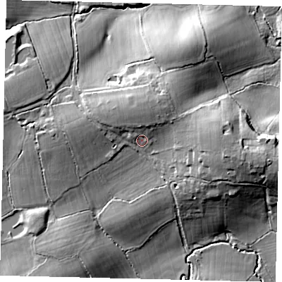 Shaded relief map of the ground around RH55BG, computed from Environment Agency LiDAR. The ground here sits at about 75 m above sea level and falls 19 m across the surrounding 800 m. Surface water reaching this point runs off ground lying to the north-north-east, 5.7 m higher.