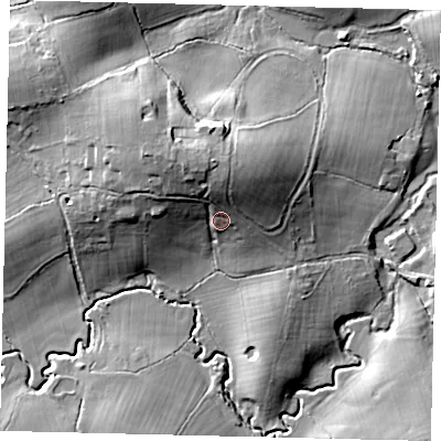 Shaded relief map of the ground around RH55BH, computed from Environment Agency LiDAR. The ground here sits at about 74 m above sea level and falls 20 m across the surrounding 800 m. Surface water reaching this point runs off ground lying to the north-north-west, 10.7 m higher.