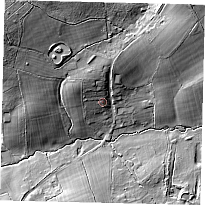 Shaded relief map of the ground around RH55DX, computed from Environment Agency LiDAR. The ground here sits at about 76 m above sea level and falls 24 m across the surrounding 800 m. Surface water reaching this point runs off ground lying to the north-west, 5.4 m higher.