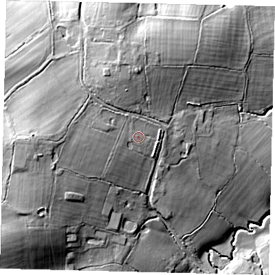 Shaded relief map of the ground around RH55EE, computed from Environment Agency LiDAR. The ground here sits at about 76 m above sea level and falls 21 m across the surrounding 800 m. Surface water reaching this point runs off ground lying to the west, 1.3 m higher.