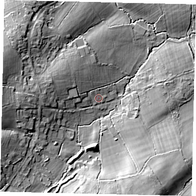 Shaded relief map of the ground around RH55LL, computed from Environment Agency LiDAR. The ground here sits at about 80 m above sea level and falls 18 m across the surrounding 800 m. Surface water reaching this point runs off ground lying to the west-north-west, 3.4 m higher.