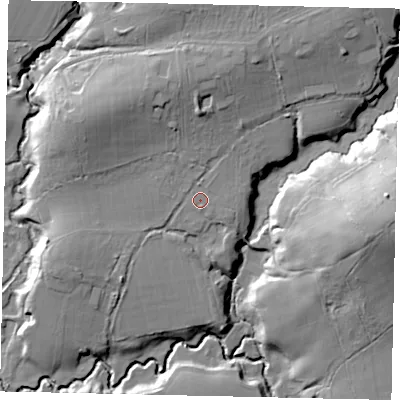 Shaded relief map of the ground around RH55QR, computed from Environment Agency LiDAR. The ground here sits at about 58 m above sea level and falls 27 m across the surrounding 800 m. Surface water reaching this point runs off ground lying to the north, 8.4 m higher.