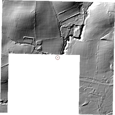 Shaded relief map of the ground around RH55SJ, computed from Environment Agency LiDAR. and falls 26 m across the surrounding 800 m. Surface water reaching this point runs off ground lying to the north-north-west, 15.0 m higher.
