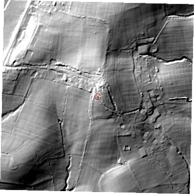 Shaded relief map of the ground around RH55TE, computed from Environment Agency LiDAR. The ground here sits at about 87 m above sea level and falls 31 m across the surrounding 800 m. Surface water reaching this point runs off ground lying to the north-east, 6.4 m higher.