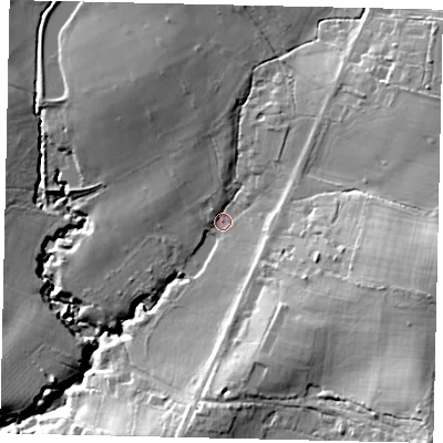 Shaded relief map of the ground around RH55TR, computed from Environment Agency LiDAR. The ground here sits at about 70 m above sea level and falls 31 m across the surrounding 800 m. Surface water reaching this point runs off ground lying to the east-south-east, 19.8 m higher.