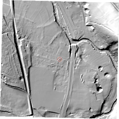 Shaded relief map of the ground around RH56BS, computed from Environment Agency LiDAR. The ground here sits at about 44 m above sea level and falls 77 m across the surrounding 800 m. Surface water reaching this point runs off ground lying to the west-south-west, 2.9 m higher.