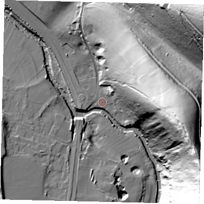 Shaded relief map of the ground around RH56BX, computed from Environment Agency LiDAR. The ground here sits at about 39 m above sea level and falls 117 m across the surrounding 800 m. Surface water reaching this point runs off ground lying to the east, 91.6 m higher.