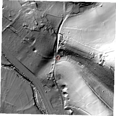 Shaded relief map of the ground around RH56BY, computed from Environment Agency LiDAR. The ground here sits at about 55 m above sea level and falls 93 m across the surrounding 800 m. Surface water reaching this point runs off ground lying to the south-east, 72.4 m higher.