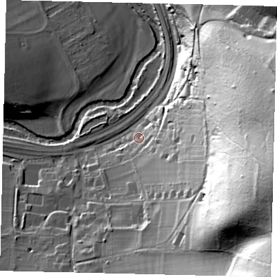 Shaded relief map of the ground around RH56EH, computed from Environment Agency LiDAR. The ground here sits at about 39 m above sea level and falls 89 m across the surrounding 800 m. Surface water reaching this point runs off ground lying to the east-south-east, 84.4 m higher.