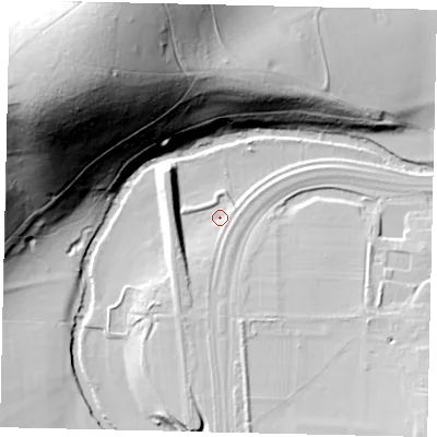 Shaded relief map of the ground around RH56ER, computed from Environment Agency LiDAR. The ground here sits at about 36 m above sea level and falls 85 m across the surrounding 800 m. Surface water reaching this point runs off ground lying to the south, 4.0 m higher.