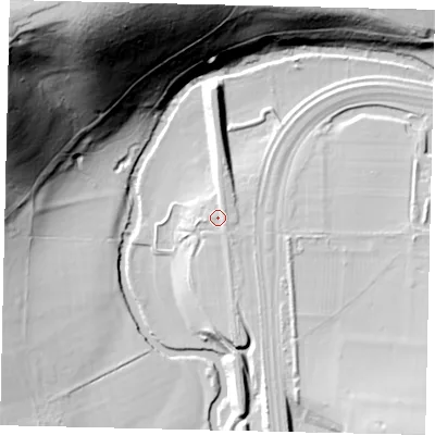 Shaded relief map of the ground around RH56ES, computed from Environment Agency LiDAR. The ground here sits at about 43 m above sea level and falls 87 m across the surrounding 800 m. Surface water reaching this point runs off ground lying to the north, 0.7 m higher.