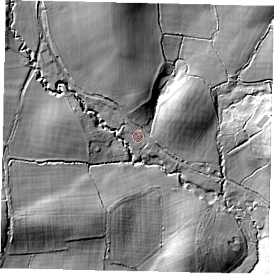 Shaded relief map of the ground around RH56NA, computed from Environment Agency LiDAR. The ground here sits at about 95 m above sea level and falls 32 m across the surrounding 800 m. Surface water reaching this point runs off ground lying to the north, 20.9 m higher.