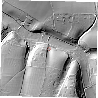 Shaded relief map of the ground around RH56PW, computed from Environment Agency LiDAR. The ground here sits at about 118 m above sea level and falls 50 m across the surrounding 800 m. Surface water reaching this point runs off ground lying to the south, 33.2 m higher.