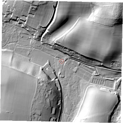 Shaded relief map of the ground around RH56QP, computed from Environment Agency LiDAR. The ground here sits at about 87 m above sea level and falls 55 m across the surrounding 800 m. Surface water reaching this point runs off ground lying to the north-east, 52.7 m higher.