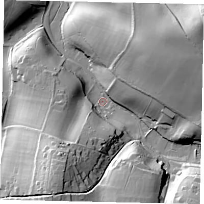 Shaded relief map of the ground around RH56RD, computed from Environment Agency LiDAR. The ground here sits at about 102 m above sea level and falls 52 m across the surrounding 800 m. Surface water reaching this point runs off ground lying to the south-south-west, 26.2 m higher.